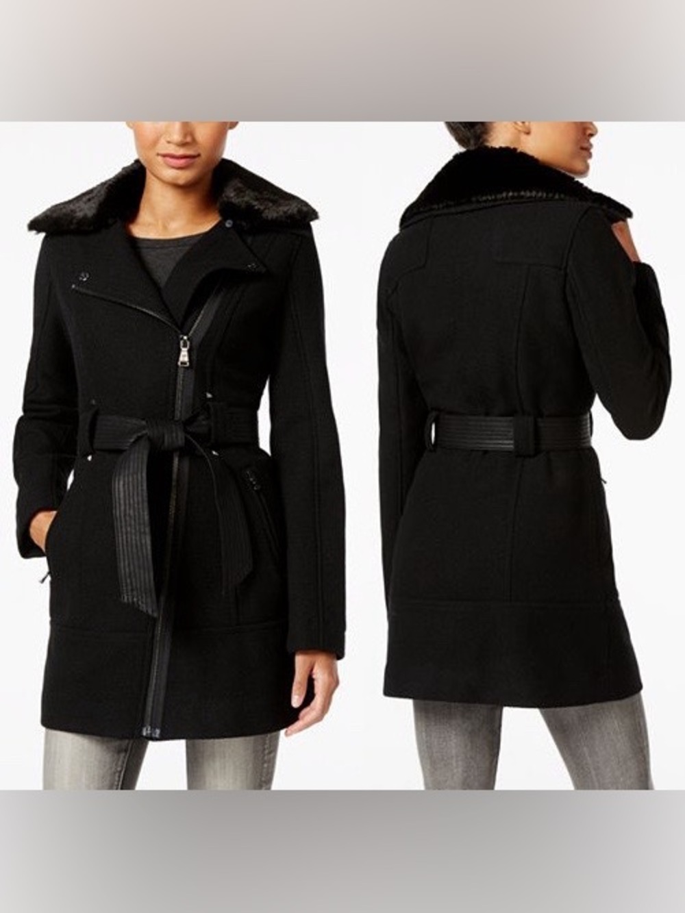 Guess Faux Fur Collar Mixed Media Asymmetrical trench Coat